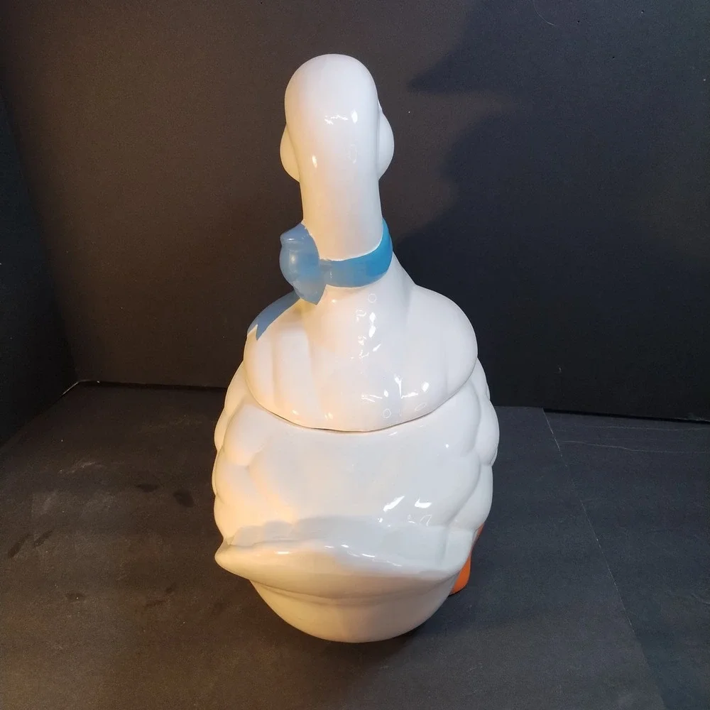 Vintage Mother Goose Cookie Jar White Ceramic Blue Bow Orange Beak LG Farmhouse